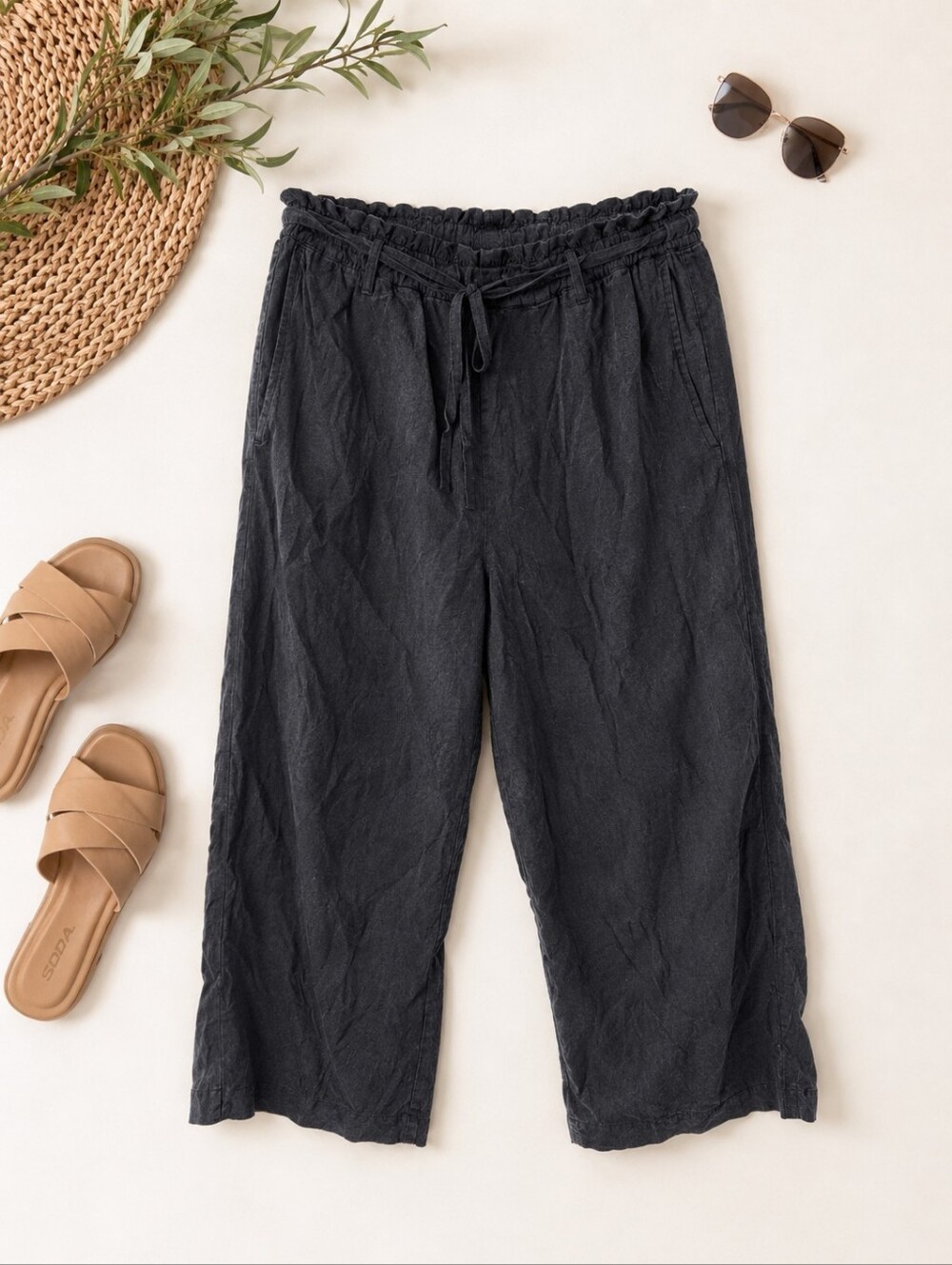 TENCEL Relaxed Fit Drawstring Pants Women's Black Wide Leg Pull-On Casual Comfy - Picture 2 of 5